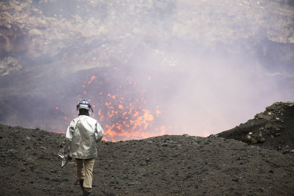 Jeff Marlow approaches an active volcano